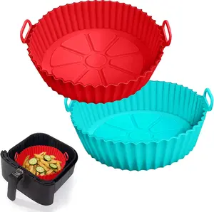 2 Pack Air Fryer Silicone Liners  Reusable Pot for 3–5QT | Non-Stick Baking Tray, Heat Resistant Basket Bowl, Oven Accessories Replacement for Parchment Paper (Red + Blue)