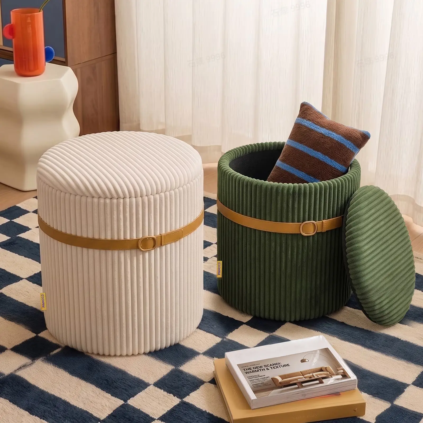 2-Piece Nesting Corduroy Ottoman Set with Hidden Storage Footrest for Living Room Indoor Furniture Stools & Benches