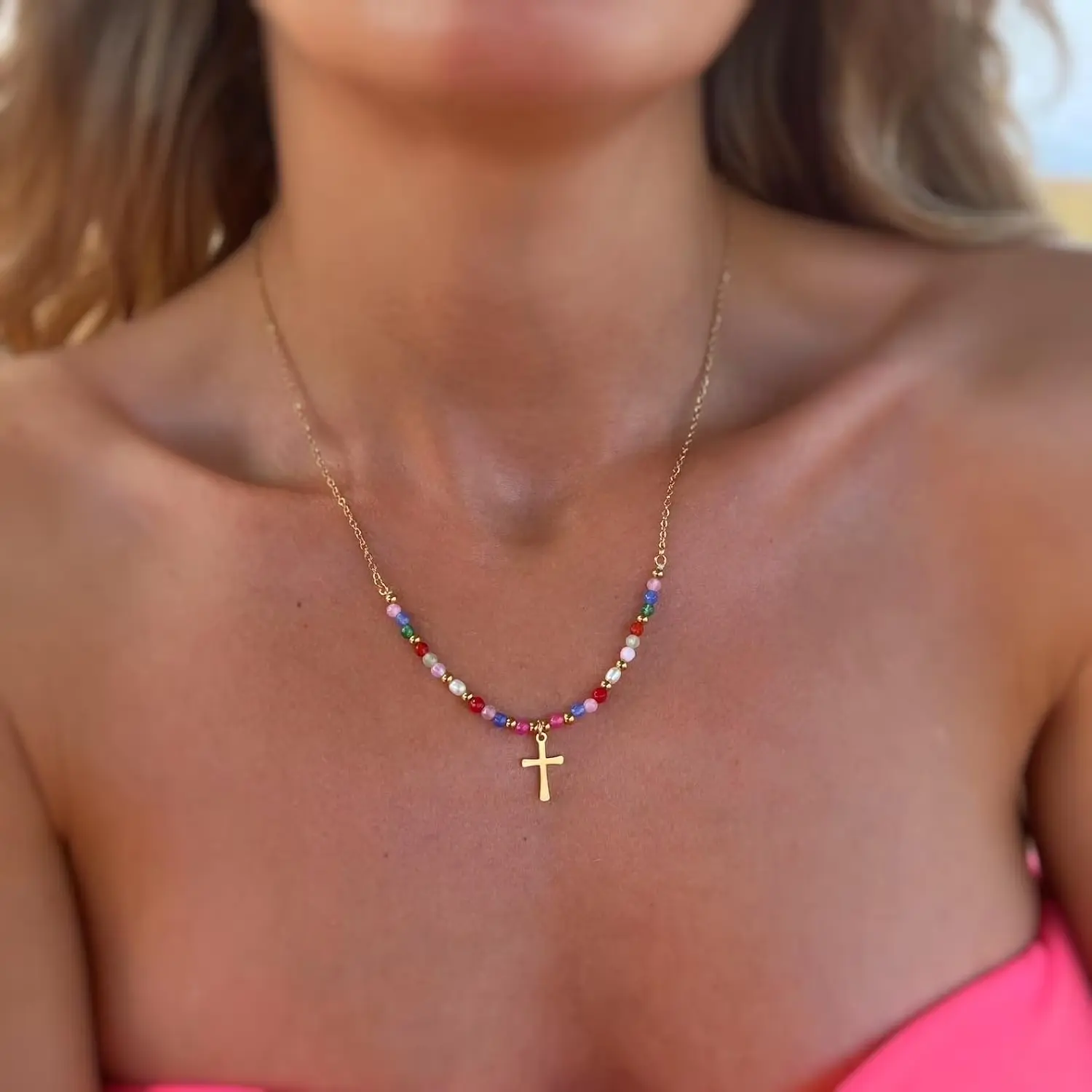 Women's Bright Color Beaded Cross Necklace - Christian Style Non-Tarnish Trendy Faith Jewelry, Church Gift, Bead Necklaces, Church Gifts, Bright Color Necklaces