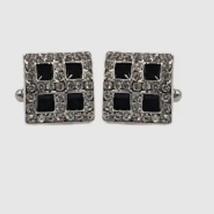Geometric Silver Grid Cufflinks with Black Detailing