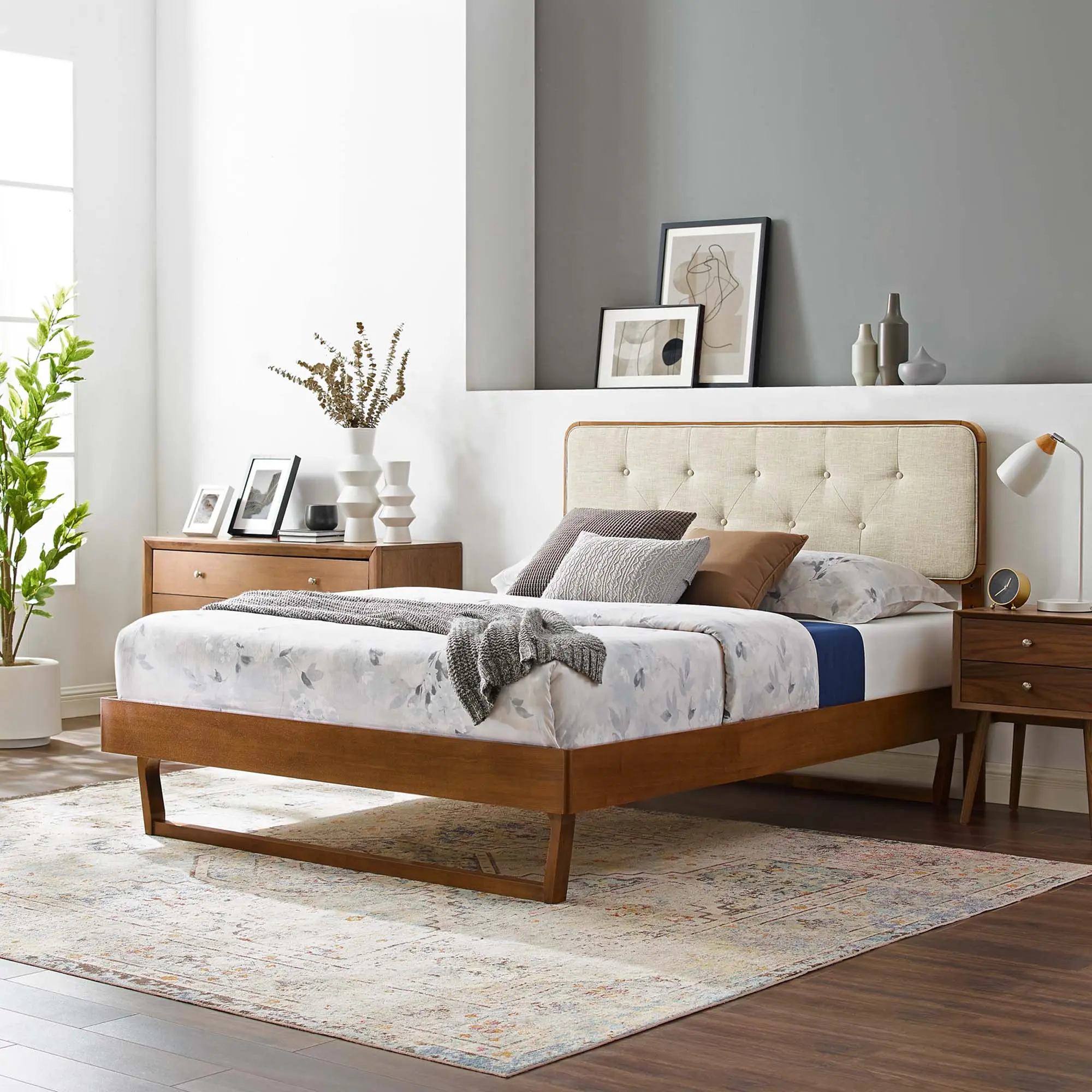 Modway Bridgette Twin Wood Platform Bed With Angular Frame in Walnut Beige