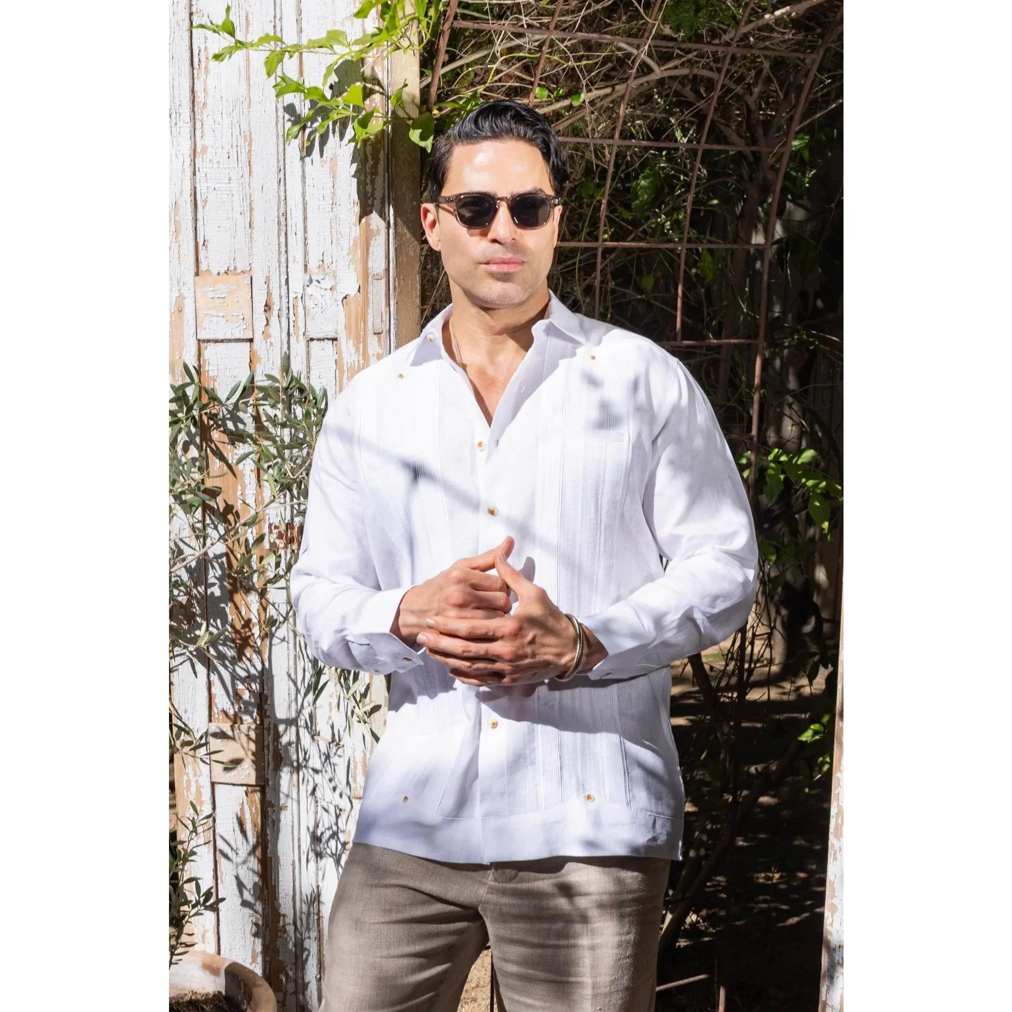 Long Sleeve Linen Wedding Guayabera with Lace Accent