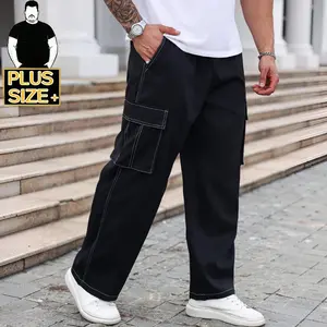 [Plus Size]  Men's Contrast Stitch Cargo Pants – Loose Fit Wide Leg Trousers with Multi Pockets, Casual Streetwear for Big & Tall Men, Black (2XL-6XL)