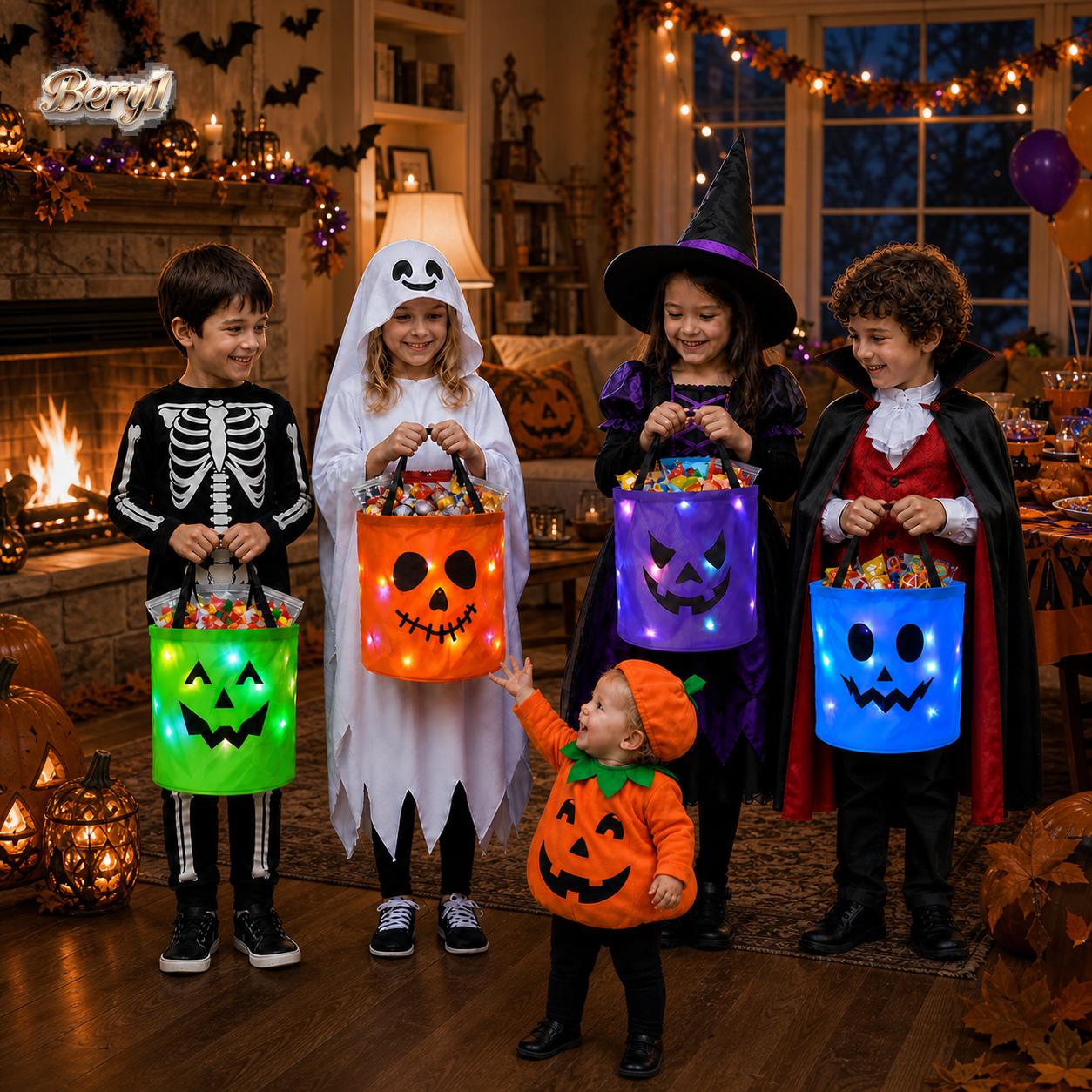 3/4 Pcs Light Up Halloween Candy Buckets with LED Lights, Non-Woven Trick or Treat Bags, Reusable Pumpkin Tote Gift Bags for Kids Adults, Glowing Candy Bags for Home Garden Lawn Decor,bery1--Halloween Birthday Christmas Party Favor Supplies.