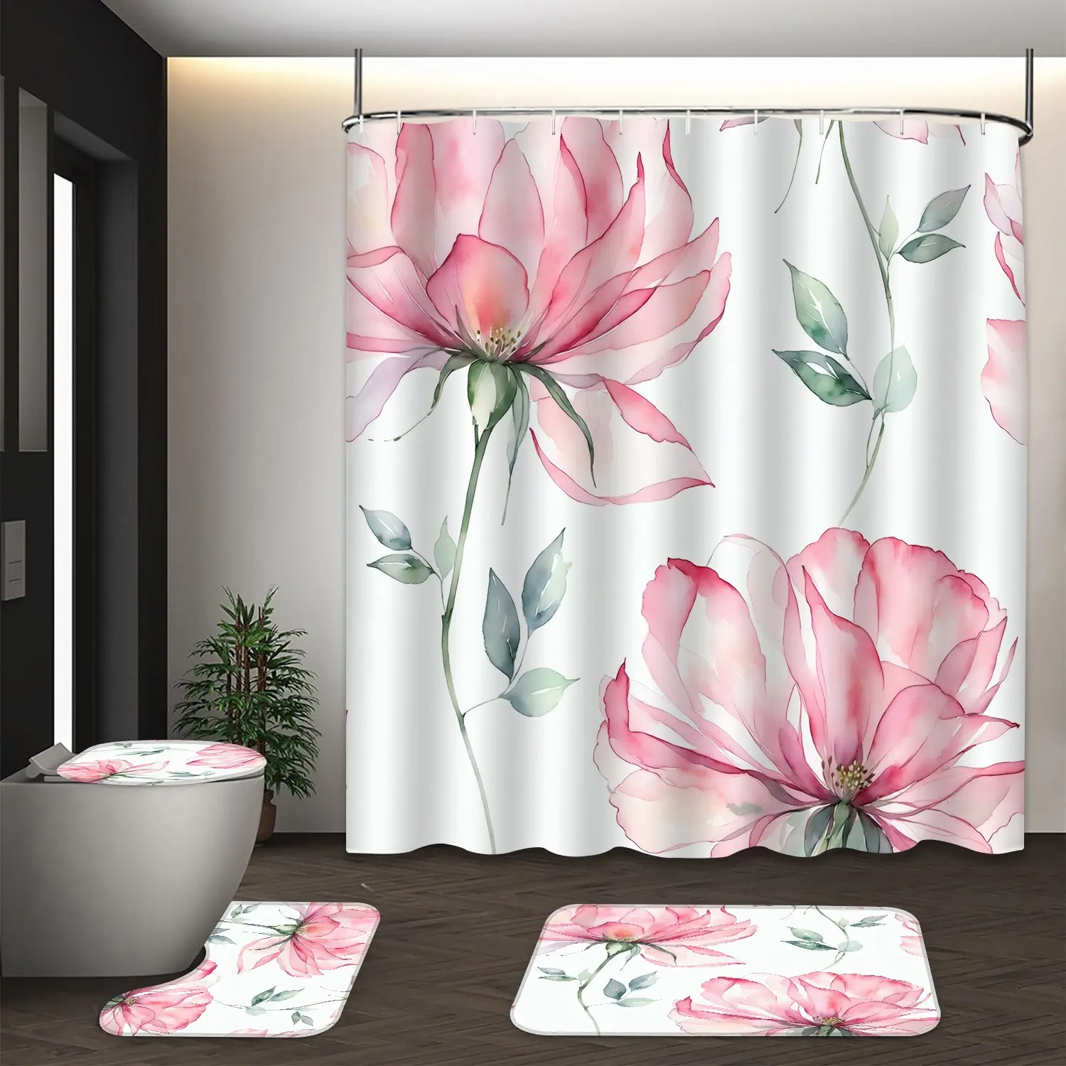 LVRLVR 4pcs Pink Rose Flower Watercolor Delicate Floral Elegant Bathroom Set with Shower Essentials, Shower Curtain, Bath Rugs and Hooks - 70.8"×70.8" (180×180cm)