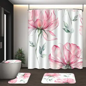 LVRLVR 4pcs Pink Rose Watercolor Delicate Floral Elegant Bathroom Set with Shower Curtain, Bath Rugs and Hooks - 70.8"×70.8" (180×180cm)