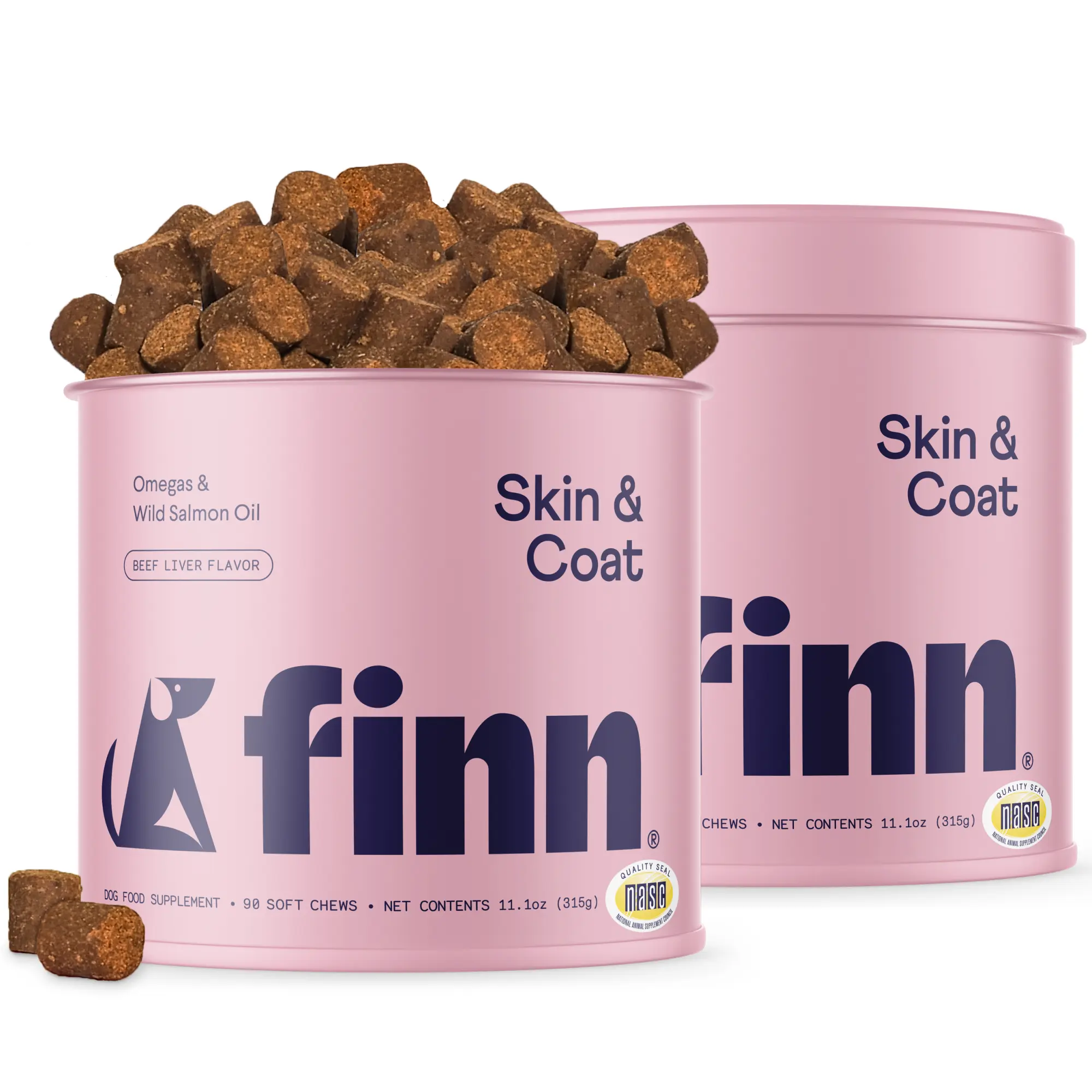 FINN Skin & Coat for Dogs 2-Pack – 180 Soft Chews for Skin Hydration & Coat Shine with Salmon Oil, Biotin, Zinc & Omegas – Certified NASC – USA Made