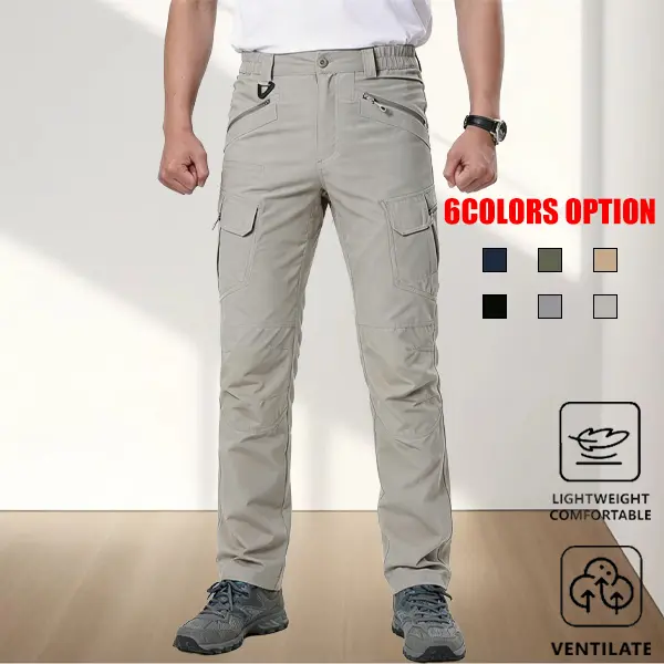 Summer breathable lightweight outdoor quick-dry pants for men — multi-pocket cargo tactical long pants, stretchy and wear-resistant, straight-leg softshell pants suitable for commuting, mountaineering, and hiking.