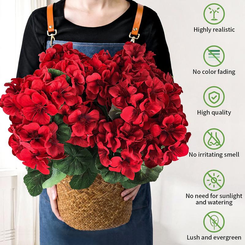 8 bundles of outdoor artificial geraniums, artificial plant UV resistant plastic flowers, used for indoor, outdoor, courtyard, hanging flower pots, porch, window home decoration (8, red)