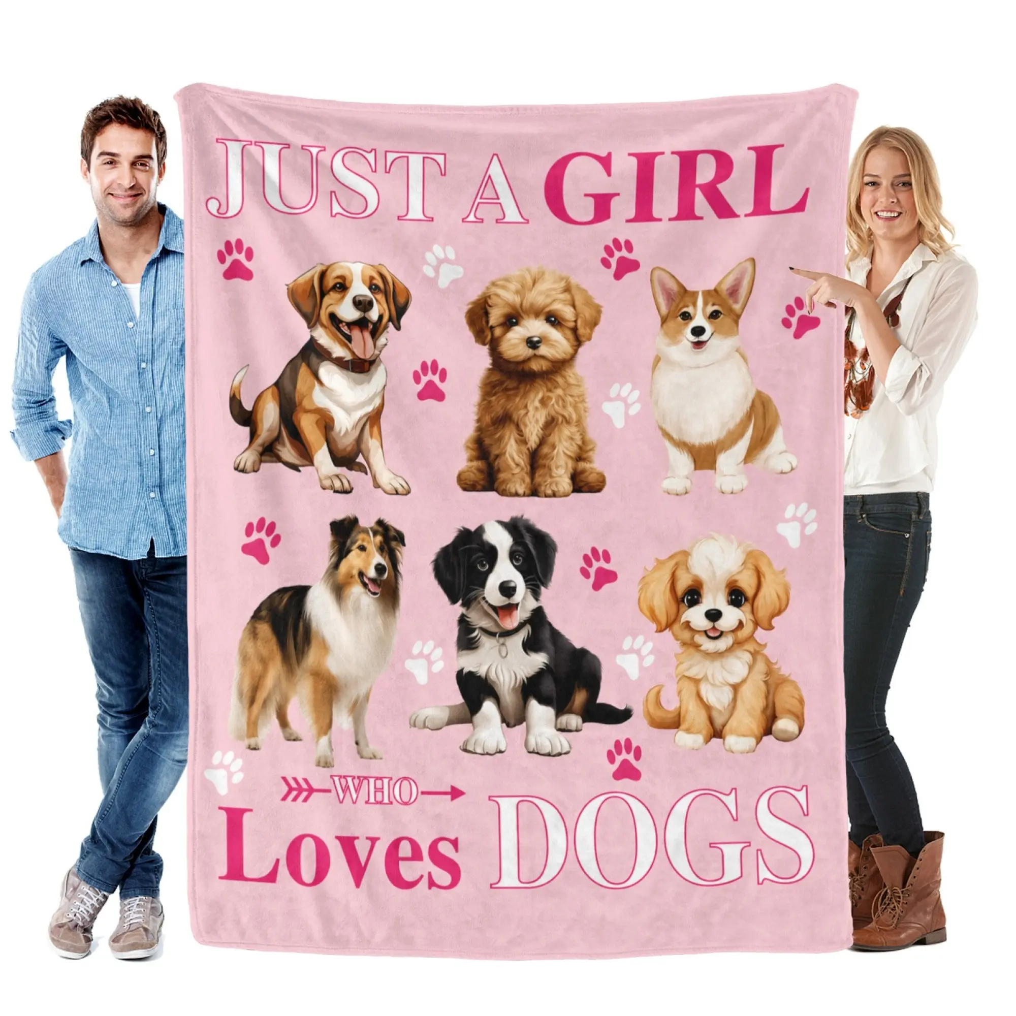 Just A Girl Who Loves Dogs Fleece Throw Blanket, Pink Cute Puppy Print Flannel Blanket, Soft Lightweight All Season Cozy Throw with Corgi Golden Retriever Border Collie, Paw Print Aesthetic Room Decor for Couch Bed Dorm, Perfect Christmas Birthday Gift