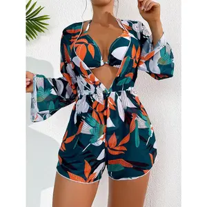 2026 Women's Tropical Print Halter Triangle Bikini Set With Cover Up, Halter V-Neck Bikini Top, Matching Drawstring Waist Romper Cover Up with Long Kimono Sleeves, Modest Beach Vacation Bathing Suit,Summer Vibes
