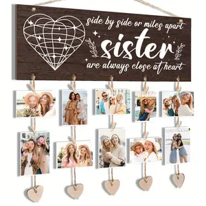 Wooden Heartwarming Plaque Photo Frame, Photo Display Hanging Sign with String & Heart Shape, Friendship Gift for Sisters, Decor