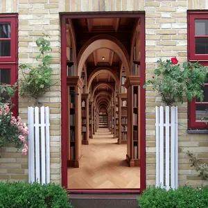 2pcs Vintage European Library Arch Wall Sticker Stereo Corridor Bookshelf Decal Self Adhesive Waterproof Removable Wallpaper Living RoomWall Decor Study Room Bookstore Cultural Wall Art Mural Collage Sel