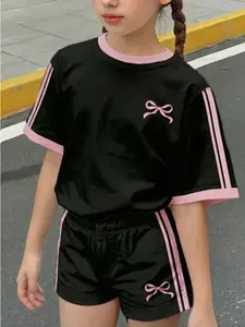 Teen Girls Casual Minimalist Short Sleeve Round Neck T-Shirt and Shorts Set, Bow Decor, Cream Stripe, Summer Fall Fashion