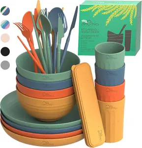 Wheat Straw Dinnerware Sets For 4 - Camping Plates Cups And Bowls Set - Dishwasher Microwave Safe Dishes - Alternate To Plastic Dinnerware Set - Wheat Straw Plates And Bowls Sets - RV Dishes