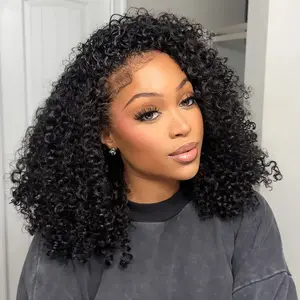 Kinky Curly Half Wig Glueless Human Hair Wig Ready to Wear 3 In 1 Half Wig With Drawstring Seamless Clip Full Machine Made Wig Deep Curly Half Wig