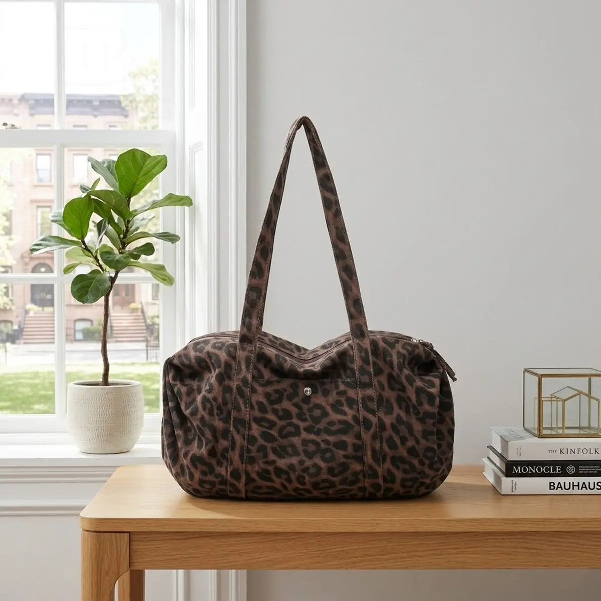 Female Medium Leopard Print Durable Fabric Duffelbag - Wear-Resist Long Wide Handles, Snap Closure, Subtle Print, Unique Lazy Sporty Chic Urban Style, Roomy Interior All-Seasons Gym Bag for Weekend Travel