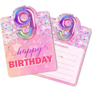 Birthday Invitations, Pink 9th Birthday Invitation Cards with Envelopes (30 PACK), Rainbow Foil Fill-in Invites for Girls Kids Ninth Party Supplies Decorations Favors