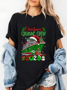 100% cotton Christmas Cruisin Crew 2025 Matching Family Cruise Holiday T-Shirt Women Graphic T-Shirt Cotton Print short Sleeve Casual Top, Summer Tee Womens Tops
