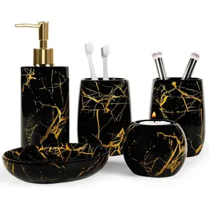 Ceramic Bathroom Accessory Set, 5-Piece Bathroom Accessory Set, Soap Dish, Toothbrush Holder, Soap Dispenser, Bathroom Tumbler & Candle Holder - Modern Bathroom Organizer, (Black & Gold)