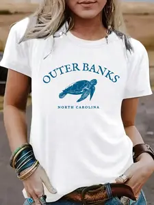 Women's Outer Banks North Carolina Print Round Neck Tee, Casual Fashion Short Sleeve T-shirt for Summer, Ladies Clothes for Daily Wear, Top