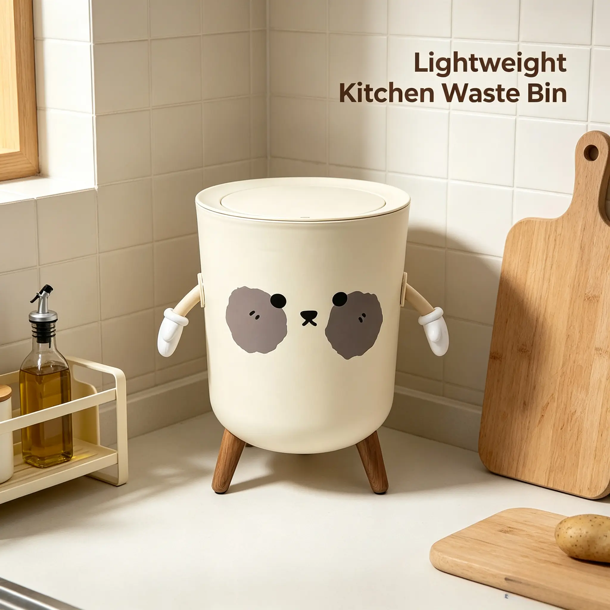 Touchless Smart 3-Legged Trash Bin with Cover - Removable Washable Inner Container, Brown Exterior, Wall-Mountable for Wabi-Sabi Home Decor, Dual-Can Door Kit, Grease Bucket Compactor