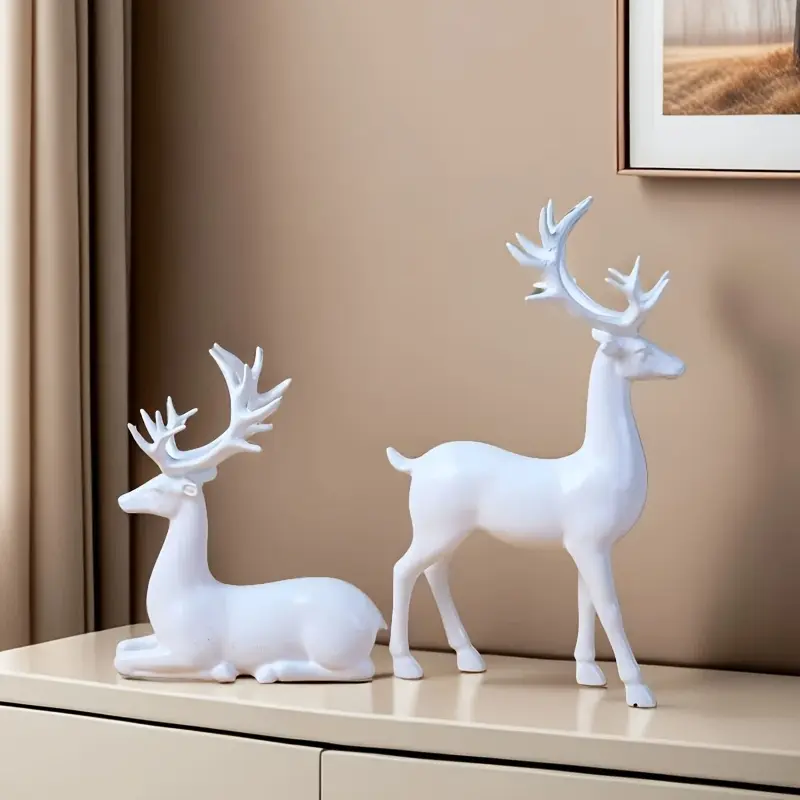 Pair of White Plastic Reindeer Statues - Collectible Figurines, Figurines & Miniatures, Christmas Valentines Day Home Decor Accessory for Living Room Fireplace Display Gifting