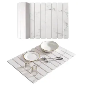 Stone Drying Mat for Kitchen Counter 24''×15'' Dishes Drying Matt Kitchen Counter Quick Dry Mats for Tableware, Bottles and Cup(White Marble)
