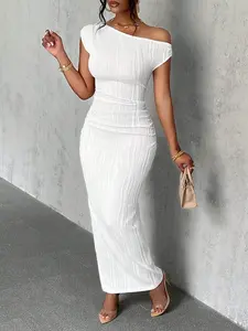 Womens Crew Neck Off Shoulder Elegant Long Dress Short Sleeve Formal Party Club Maxi Dresses Summer One Shoulder Dresses for Women Bodycon Sexy Club Dress Elegant