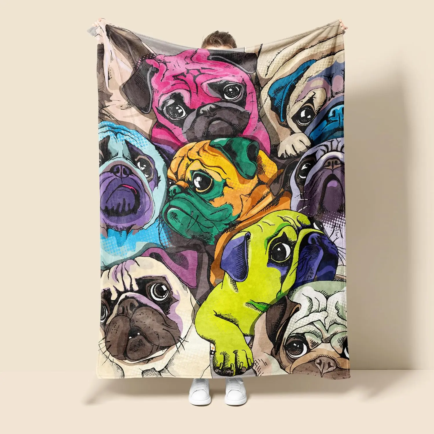 Plush Flannel Pug Throw Blanket - 60"x50" Animal Motif, Ultra-Plush Textured, Soft Cozy Gift for Women, Home Decor for Bedroom Living Room Couch Sofa Adults, Animal Motif Throws, Plush Textured Throws