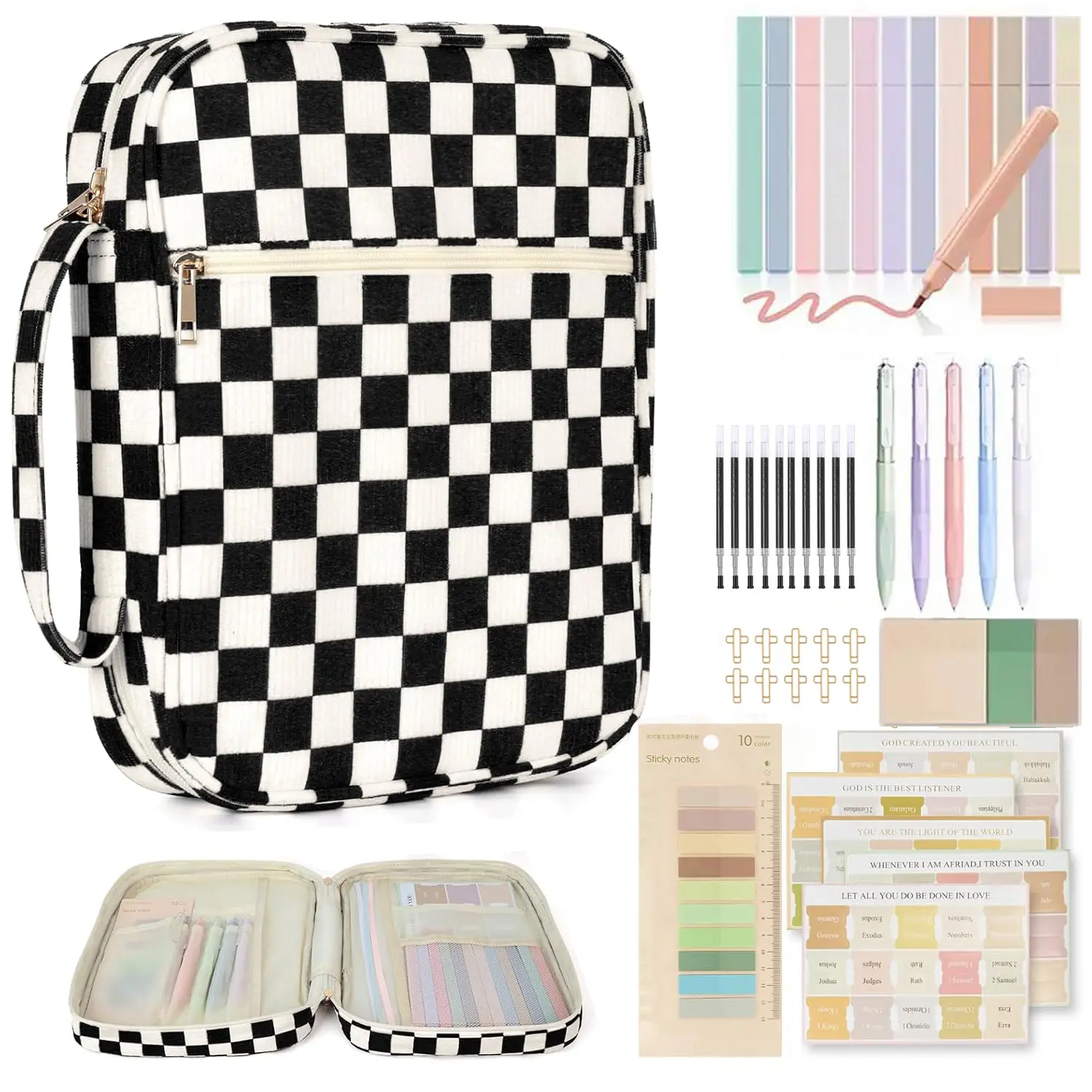 Bible Cover Case for Women Corduroy Bible Case for Girls Checkered Large Bible Cover with Handle Bible Study Supplies Accessories Christian Gifts for Women Work Organizer Files Organizer File Tray