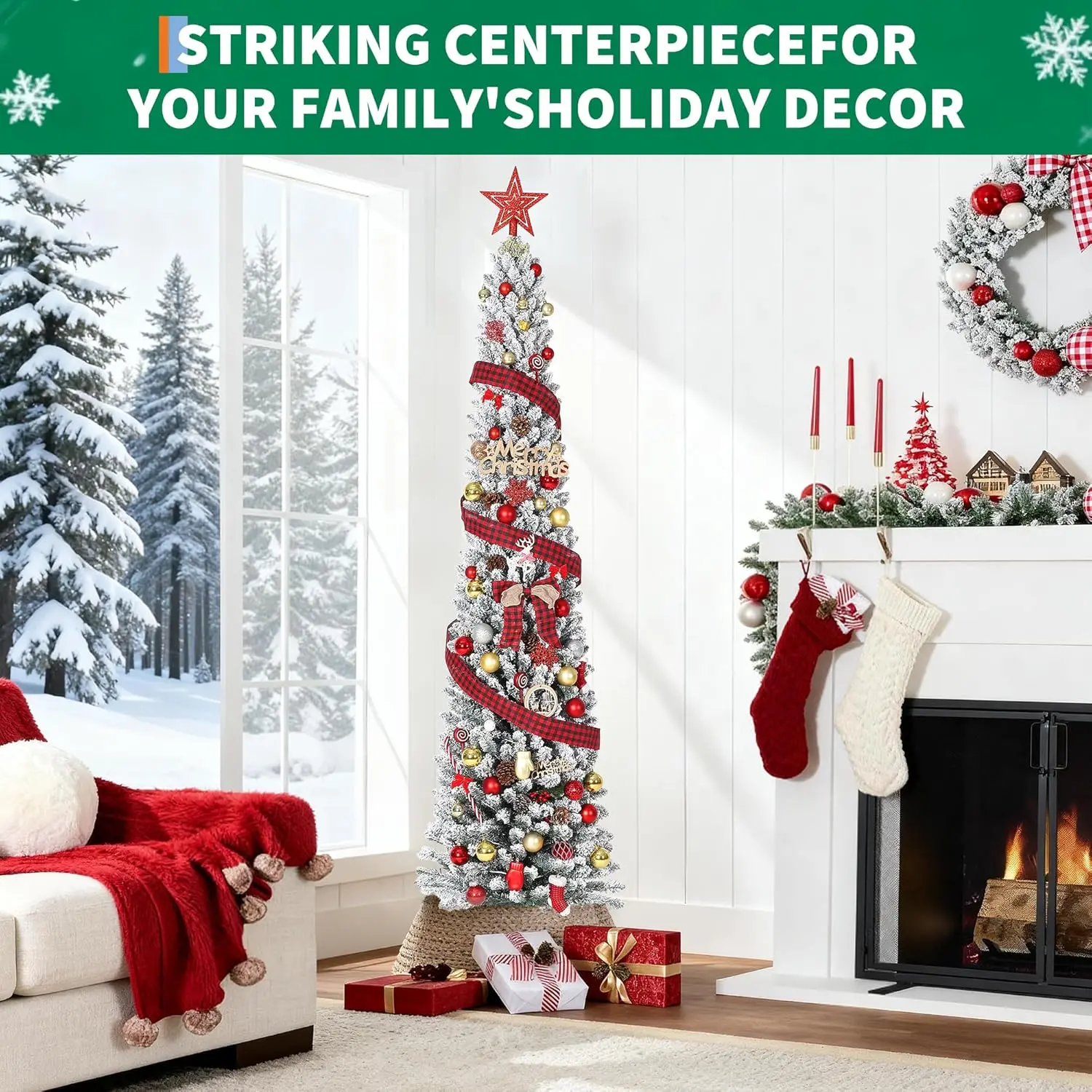 6 ft Magical Flocked Snow Christmas Tree - Sturdy Metal Stand, Green & White PVC Decor, Slender Space-Saving Indoor Home Holiday & Room Decor