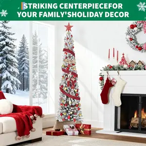 6 ft Flocked Snow Christmas Tree - Sturdy Metal Stand, Green & White PVC Holiday Decoration, Slender Space-Saving Festive Decor for Home Room Indoor Use