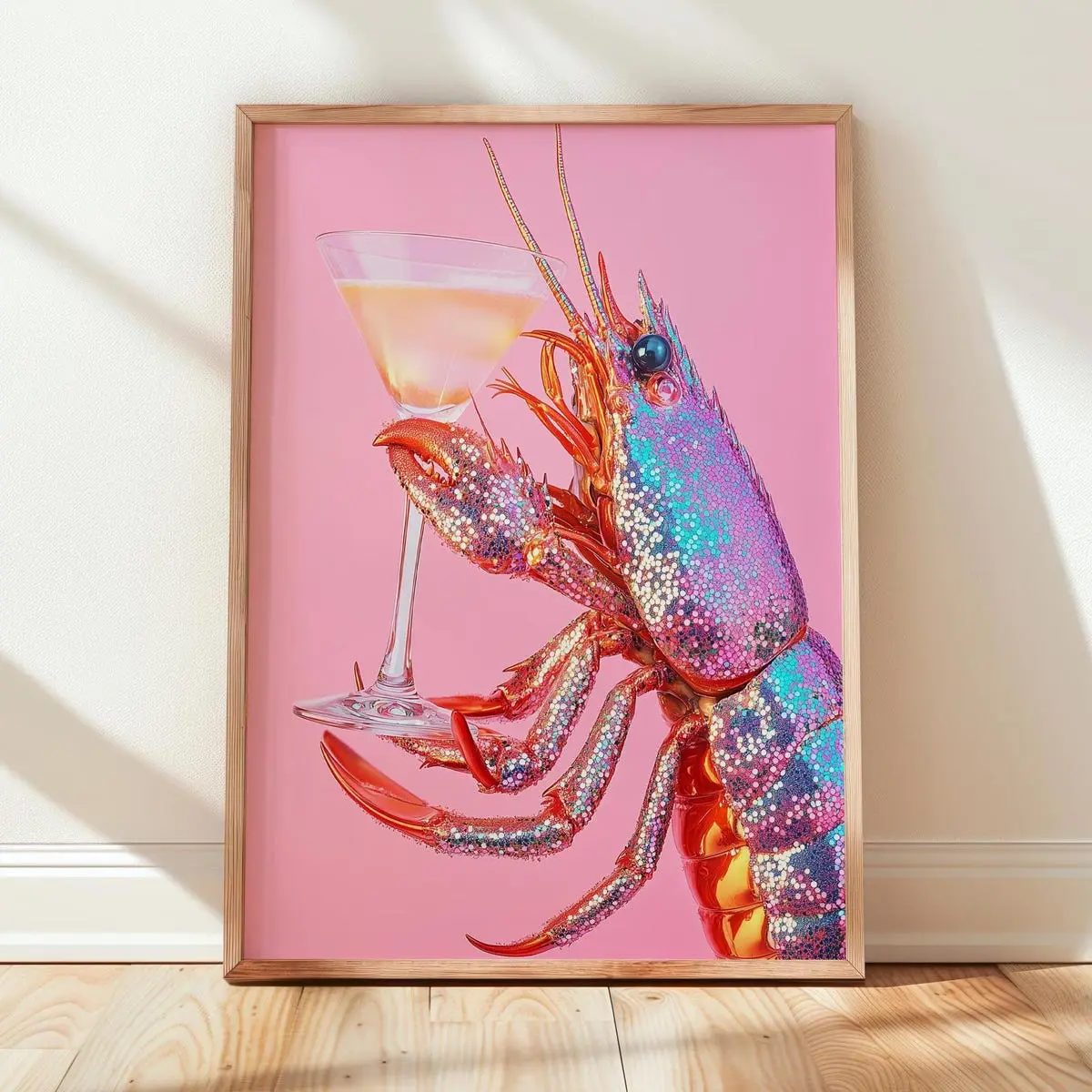 Glitter Disco Shrimp Martini Print – Maximalist Coastal Kitchen Art, Sequined Seafood Poster, Preppy Dining Room Wall Decor, Room Decor, Unframed