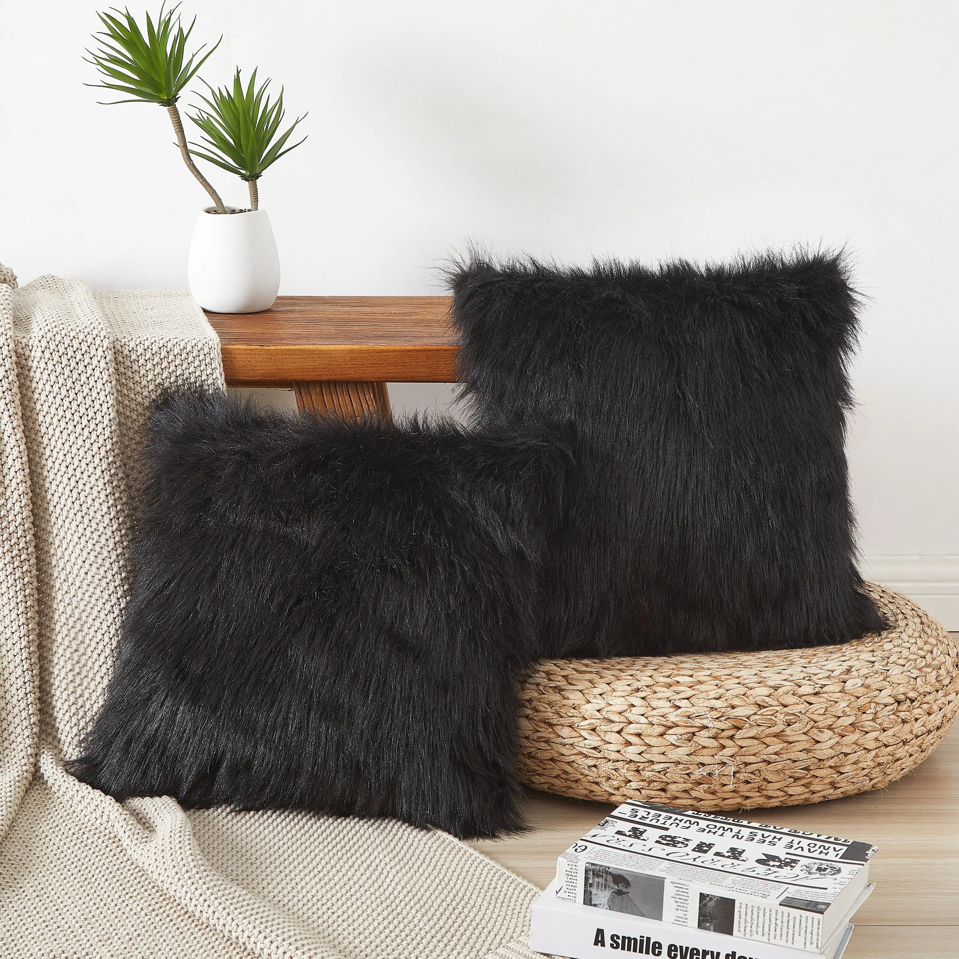 Flafia Faux Fur Fluffy Throw Pillow Covers, Black, Set of 2
