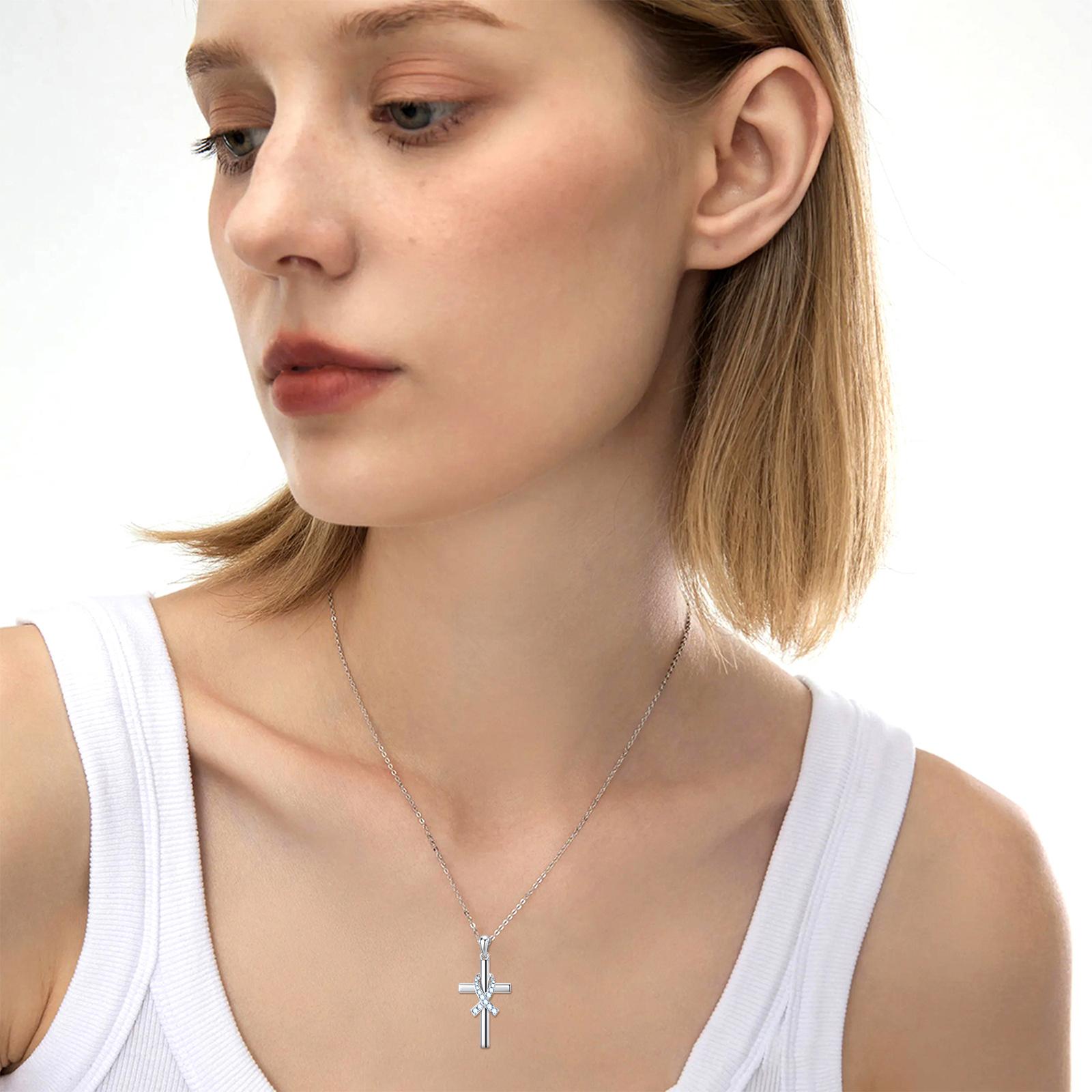 MEIDERBO Dream Chaser Breast Cancer Cross Necklace 925 Sterling Silver December Birthstone Pendant Heartfelt Pink Ribbon Awareness Jewelry for Women