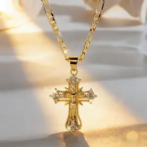 14K Gold-Plated Jesus Cross Pendant Necklace with Sparkling Accents Elegant Religious Jewelry for Thanksgiving Graduation Gifts and Daily Wear Decor Ornaments
