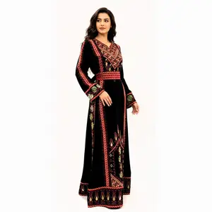 Embroidered Thobe Tatreez with Belt - Black with Red or Blue Embroidery Modest Full-Length Removable Belt Premium Woven Blend Traditional Motifs Perfect for Eid Weddings