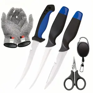 3pcs FISHING KNIFE, FISH SLICING KNIFE - Boning Knife for Fishing, Camping Cutting And Carving, Fish Gutting Tool - Stainless Steel Coated Blade, Cut Resistant Gloves, Fishing Line Cutter And Stretching Cord - A Unique Fishing Gift!