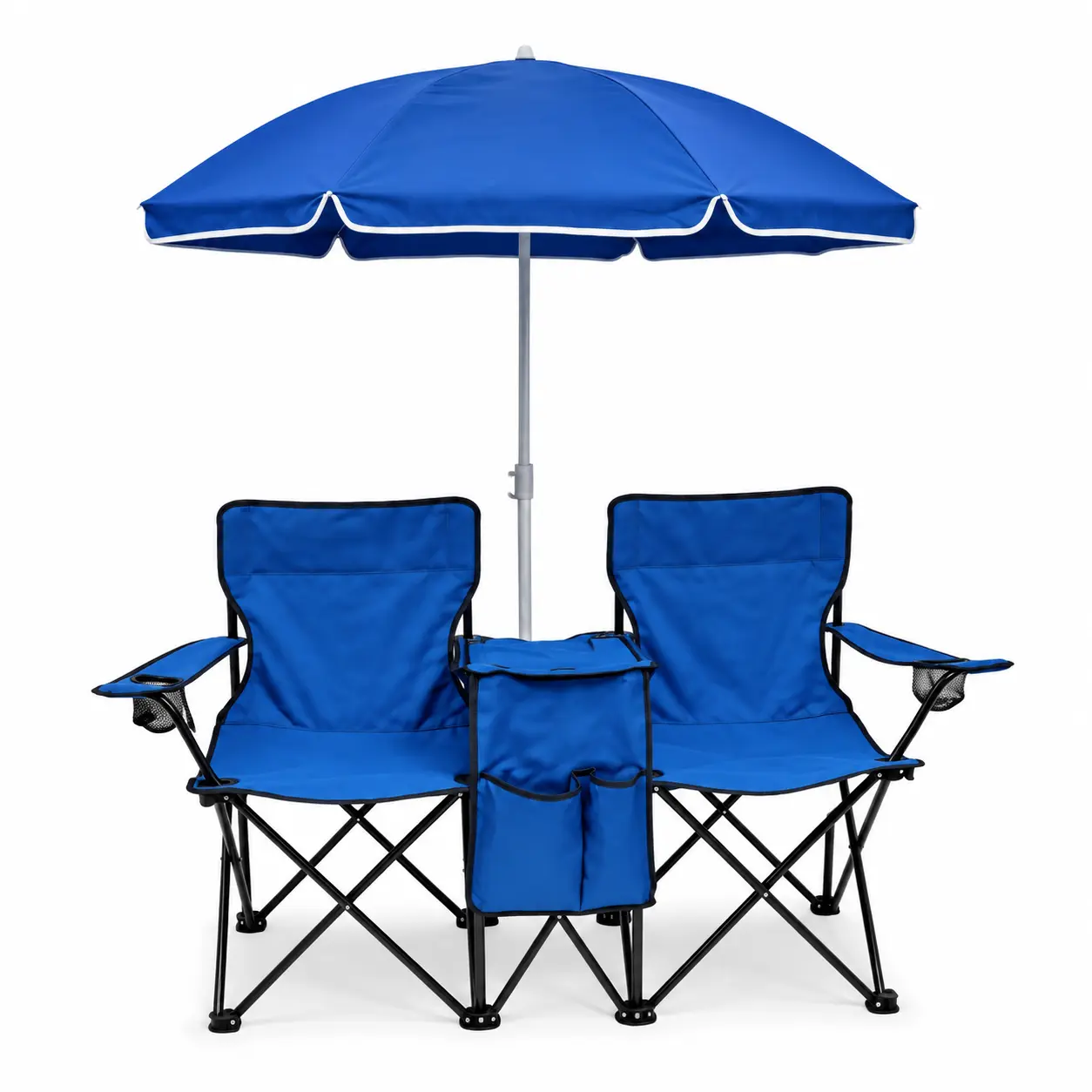 Portable Double Camping Chair, Folding Camp Chair with Removable Umbrella, Cup Holders, Cooler Bag, Side Pocket & Carry Bag, 2-Person Beach Chair for Outdoor, Sports, Concerts, Travel, Picnic Campchair