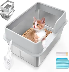Stainless Steel Cat Litter Box with Lid, L High Sided Metal Sifting Litter Box for Pine Pellets, Enclosed Sifting Box for Small Cats, Anti-Leakage, Easy Clean, Include Scoop, Liner, Pee Pad and Hook