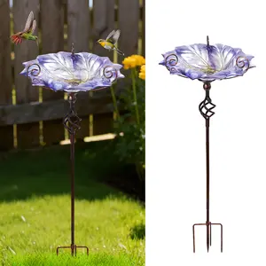 Glass Bird Bath Outdoor BirdBath Bird Feeder with Metal Stake Garden Decor, Purple, Bird Bath/Feeder