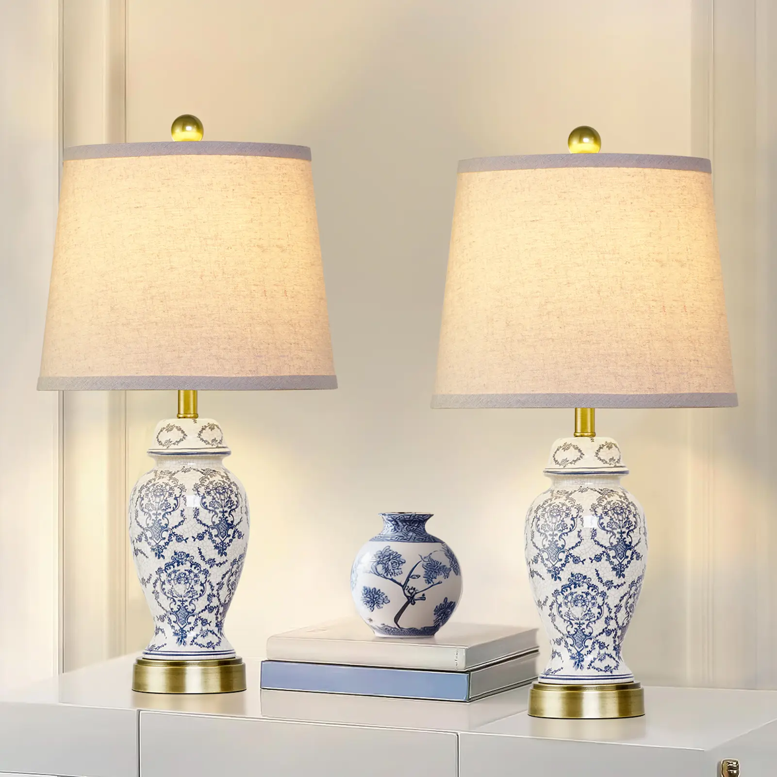 22” Blue White Porcelain Lamps with Brass Base (Set of 2) - Bedroom Decor, Home Decoration, Indoor Home Decor Light, Bedroom Decor Lamp
