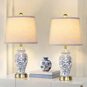 22” Blue White Porcelain Lamps with Brass Base (Set of 2)