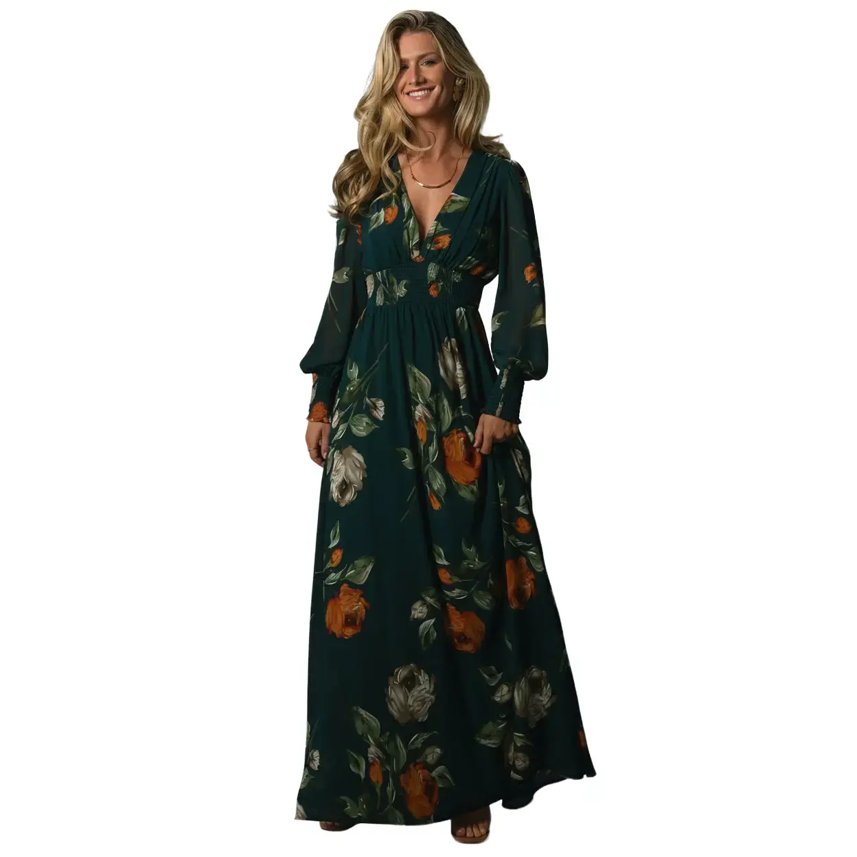 Women's Romantic Olivia Long Sleeve Maxi Dress - Deep Topaz Floral, Flowing Silhouette, Smocked Cuffs, Maternity Plus Size, Casual Wear with Elegance & Style for Evening Occasions