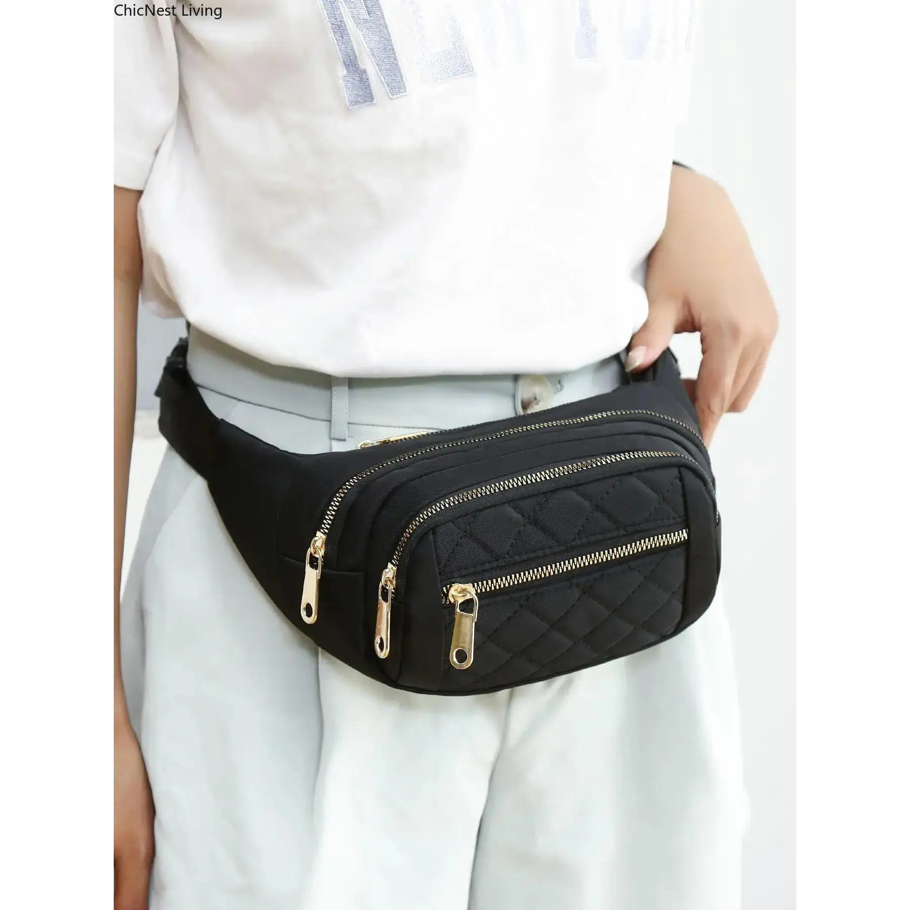Unisex Basic 1-Size Solid Color Diamond Quilted Zip Fanny Pack - Multi-Pocket Chest Belt Bag, Casual All-Match Daily Fashion Accessory