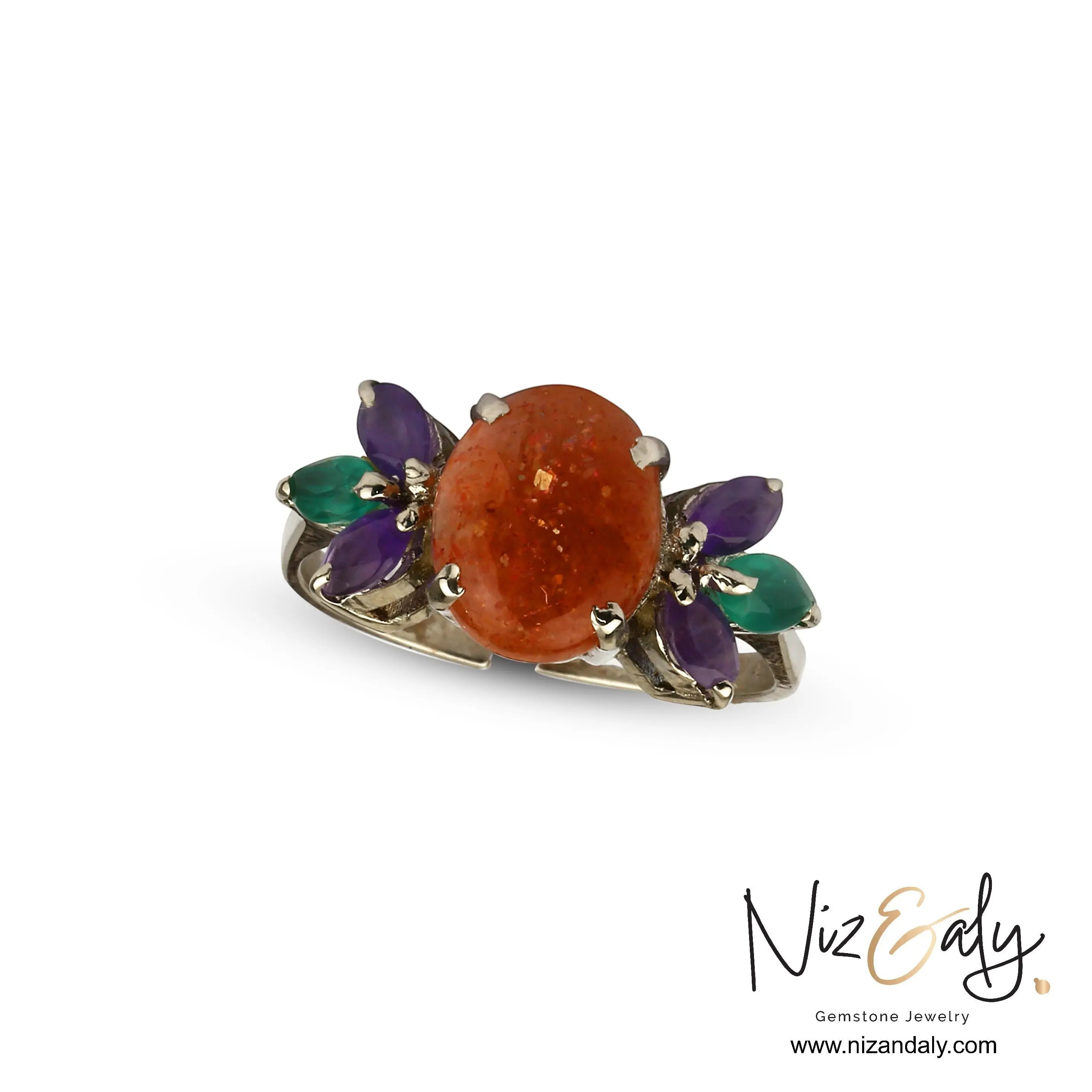 Sunstone Amethyst Chrysoprase Ring – 925 Sterling Silver Gemstone Ring