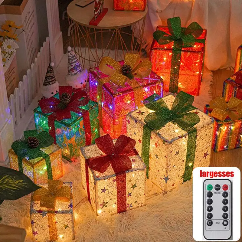 3pc Christmas Light Gift Box Set 8 Modes Remote Control Warm Glowing Battery Powered Lights Festive Ribbon Decorations DIY Assembly Indoor Outdoor Use Battery Not Included