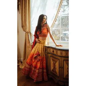 Pina Yellow and Maroon Shaded Banarasi Lehenga Choli Set