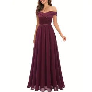 [Elegant Maroon Bridesmaid Dress] Elegant Maroon Off-Shoulder Lace Chiffon Bridesmaid Dress - Sleeveless A-Line Evening Gown - Ruched Detail, Nylon & Elastane Blend, Handwash/Dry Clean, Non-Transparent(Sheets)